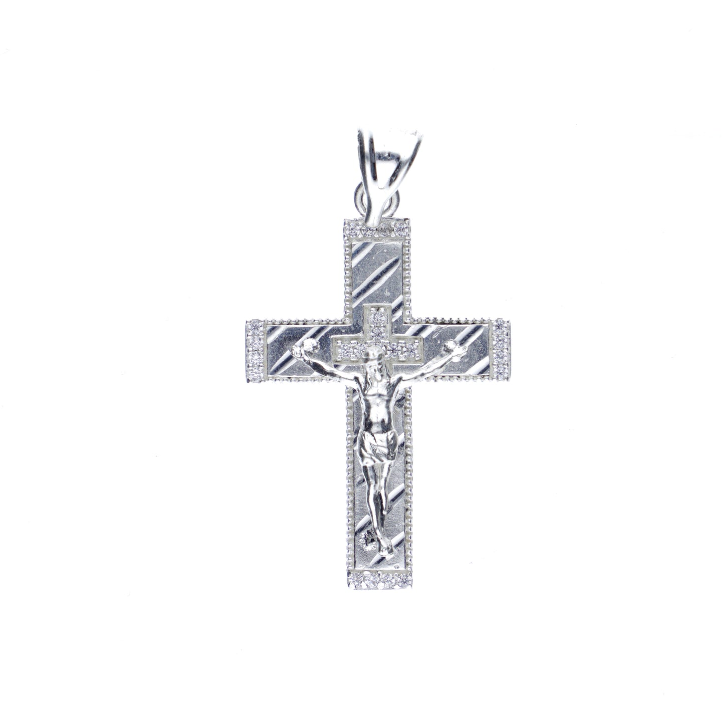 Cruz Doble diamantada con Piedra Con Cristo de Plata 925